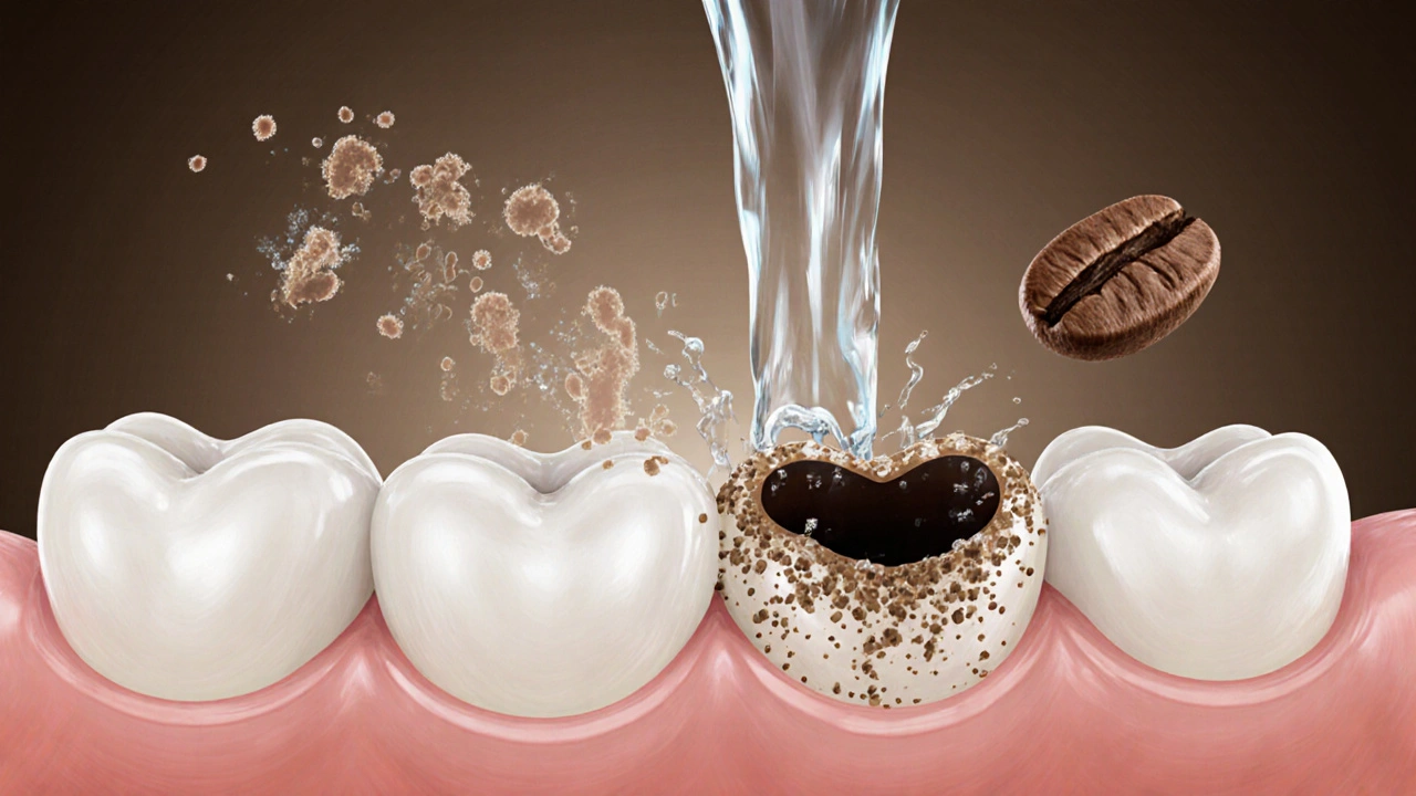 Skrytý kaz mezi zuby s bakteriemi a sladidly, voda je odplachuje