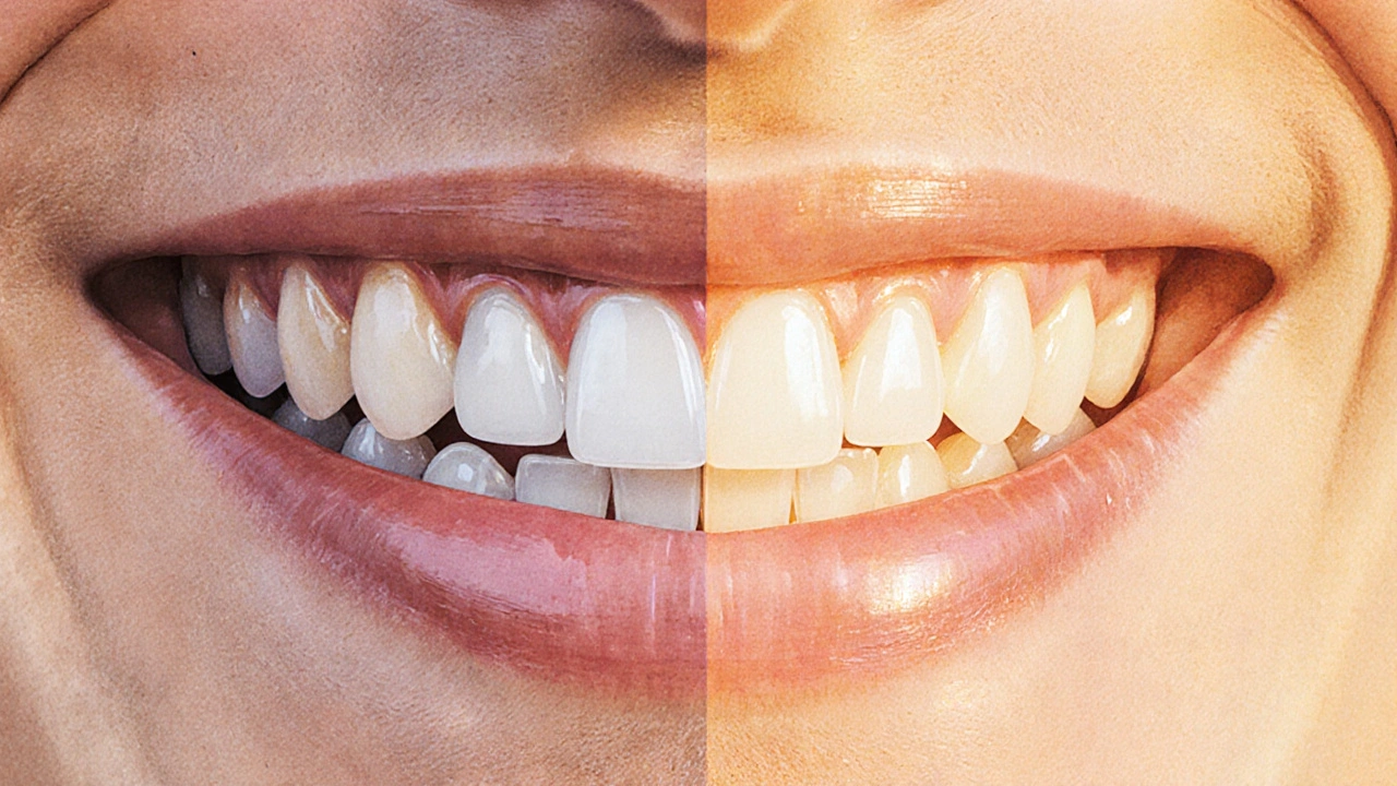 Srovnání před a po: přirozené zuby a zuby s keramickými fazetami.