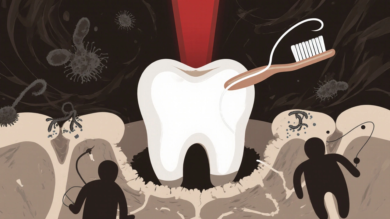 Symbolický obraz prevence: kartáček a nit zastavují ničení dásní a kosti.
