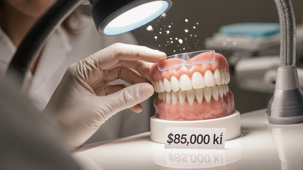 Tenká keramická fazeta přiložená k zubu pod zubní lampou.