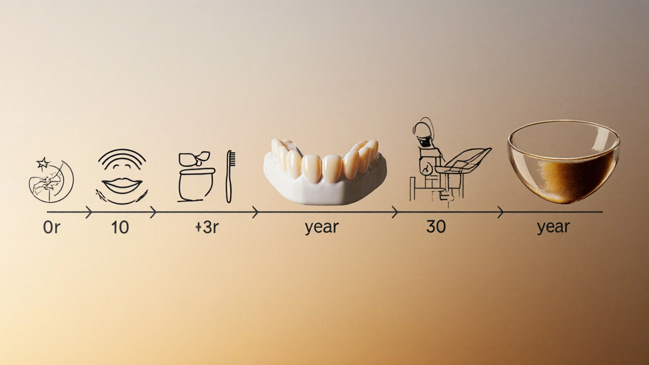 Timeline showing a veneer lasting 10–30 years with care symbols around it.
