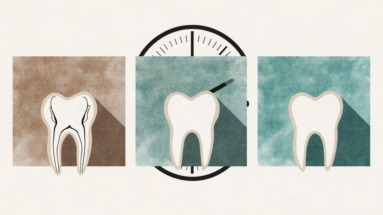 Tři fáze vývoje zubu moudrosti v čelisti ve věku 10, 20 a 30 let s časovým symbolickým pozadím.