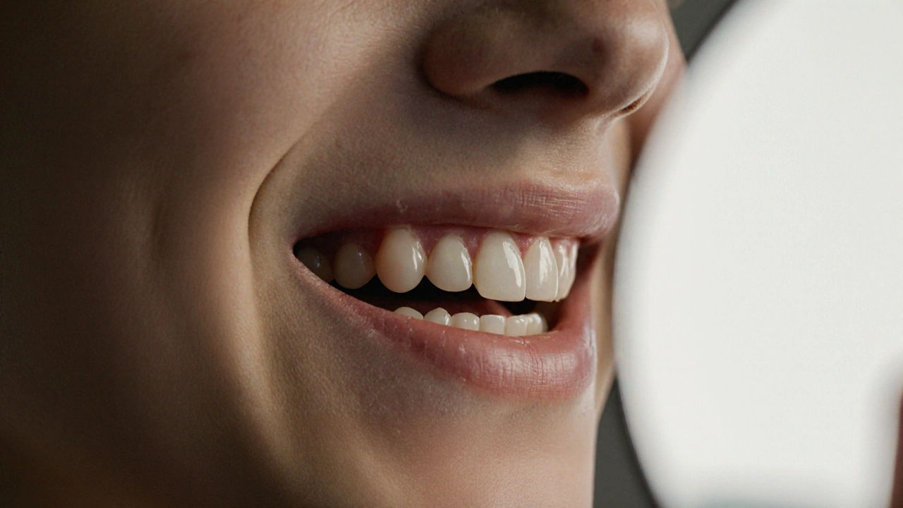 Zčervenalé dásně s malým výrůstkem zubu moudrosti na pozadí zrcadla.