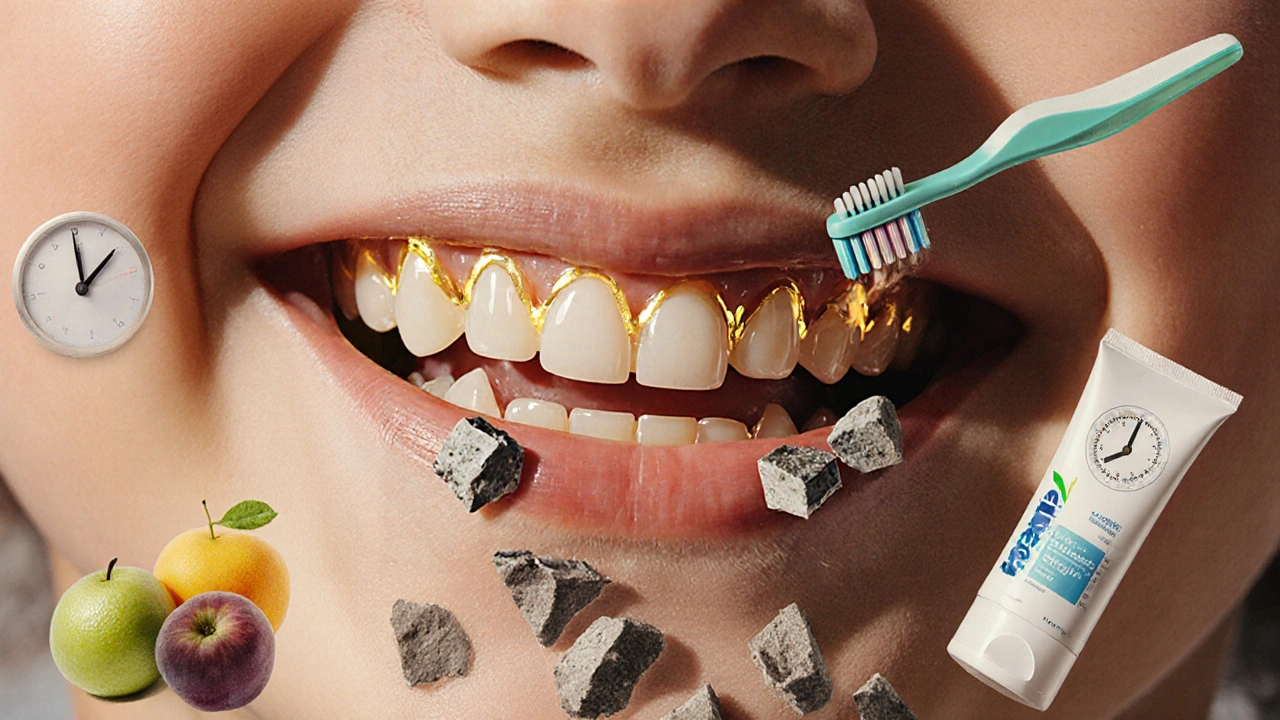 Zdravé zuby dítěte září, zubní kámen se odtrhuje, symboly prevence se vznášejí kolem.