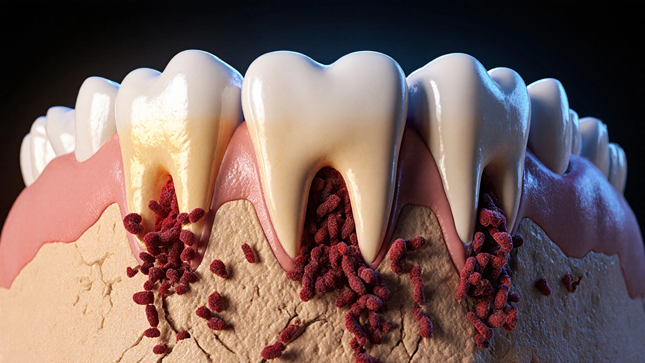 Zdravé zuby v pevné kosti vs. zuby v ničené kosti s bakteriemi pod dásní.