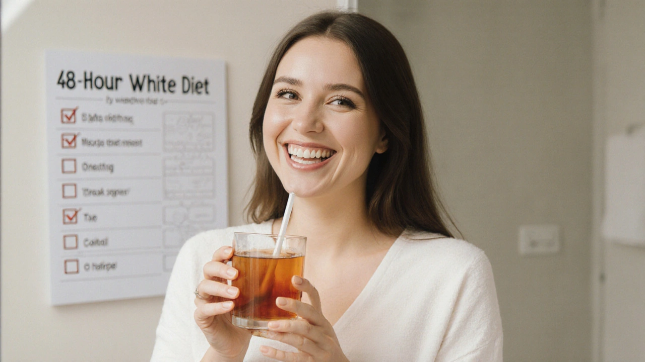 Žena po profesionálním bělení zubů pije čaj skrze slámečku.