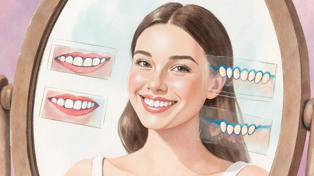 Žena se dívá do zrcadla s přirozeným úsměvem, přes který se navazují schematické tvary fazet.