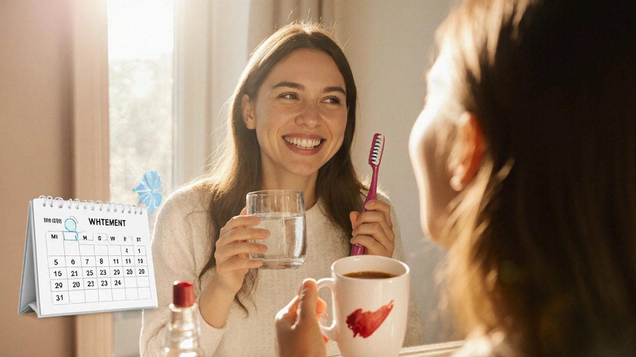 Žena se usmívá do zrcadla po bělení zubů, drží sklenici vody a zubní kartáček.