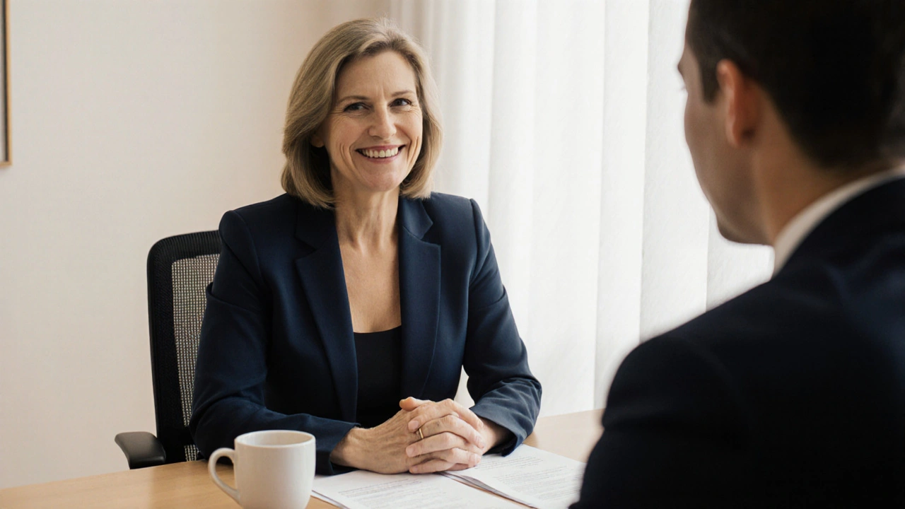 Žena v obleku mluví s klientem v bance s otevřeným úsměvem.