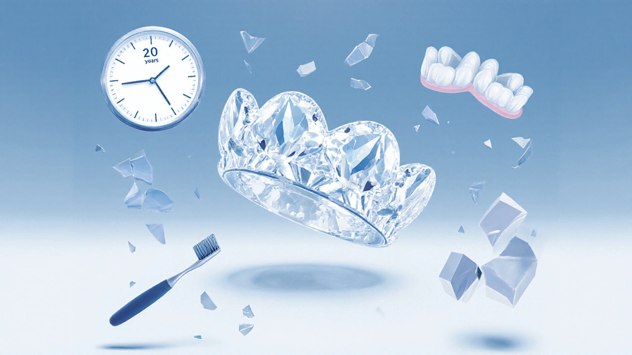 Zirkonová korunka ve středu s symboly dlouhodobé trvanlivosti a odolnosti proti opotřebení.