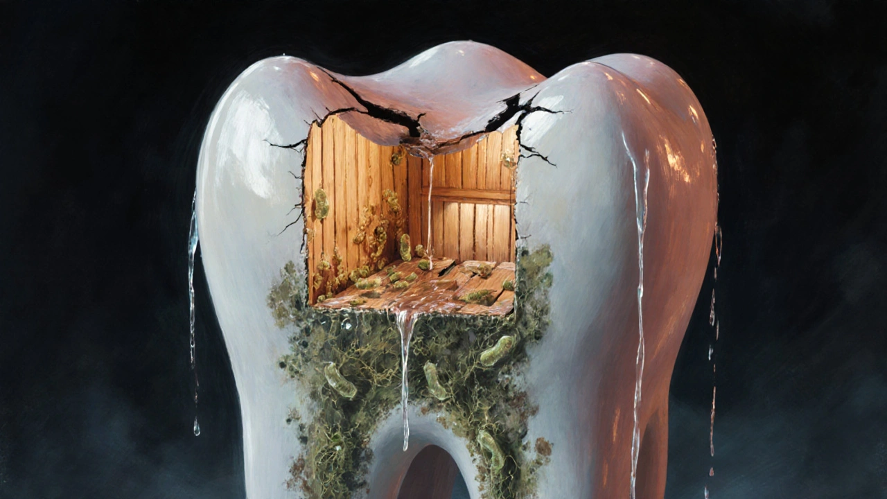 Zub jako dům se špatnou střechou, kde voda a bakterie pronikají dovnitř.