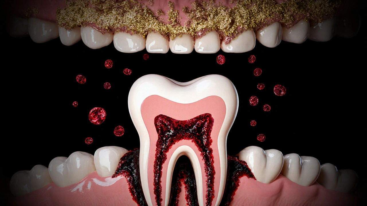 Zub s ničenou kostí pod dásním, symbolizující pokročilý zánět.