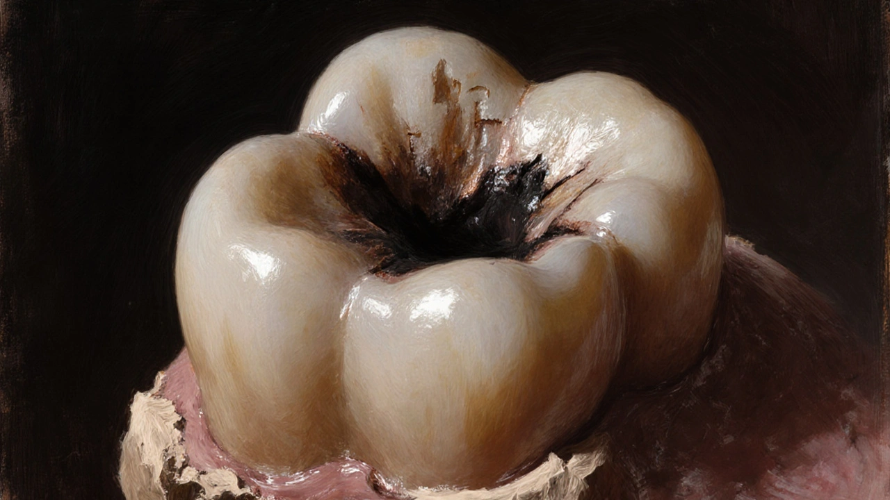 Zub s postupující dutinou, která proniká do nitra a ničí kost pod dásní.