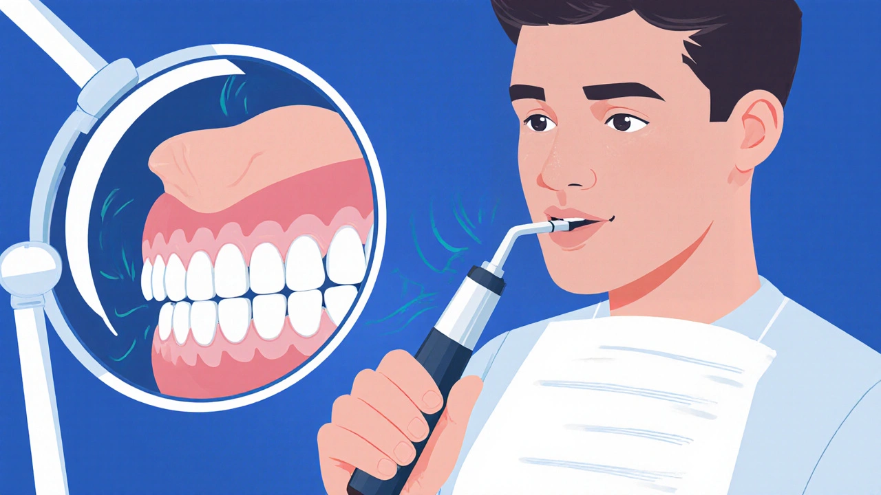 Zubař odstraňuje zubní kámen zpod dásně ultrazvukovým přístrojem.