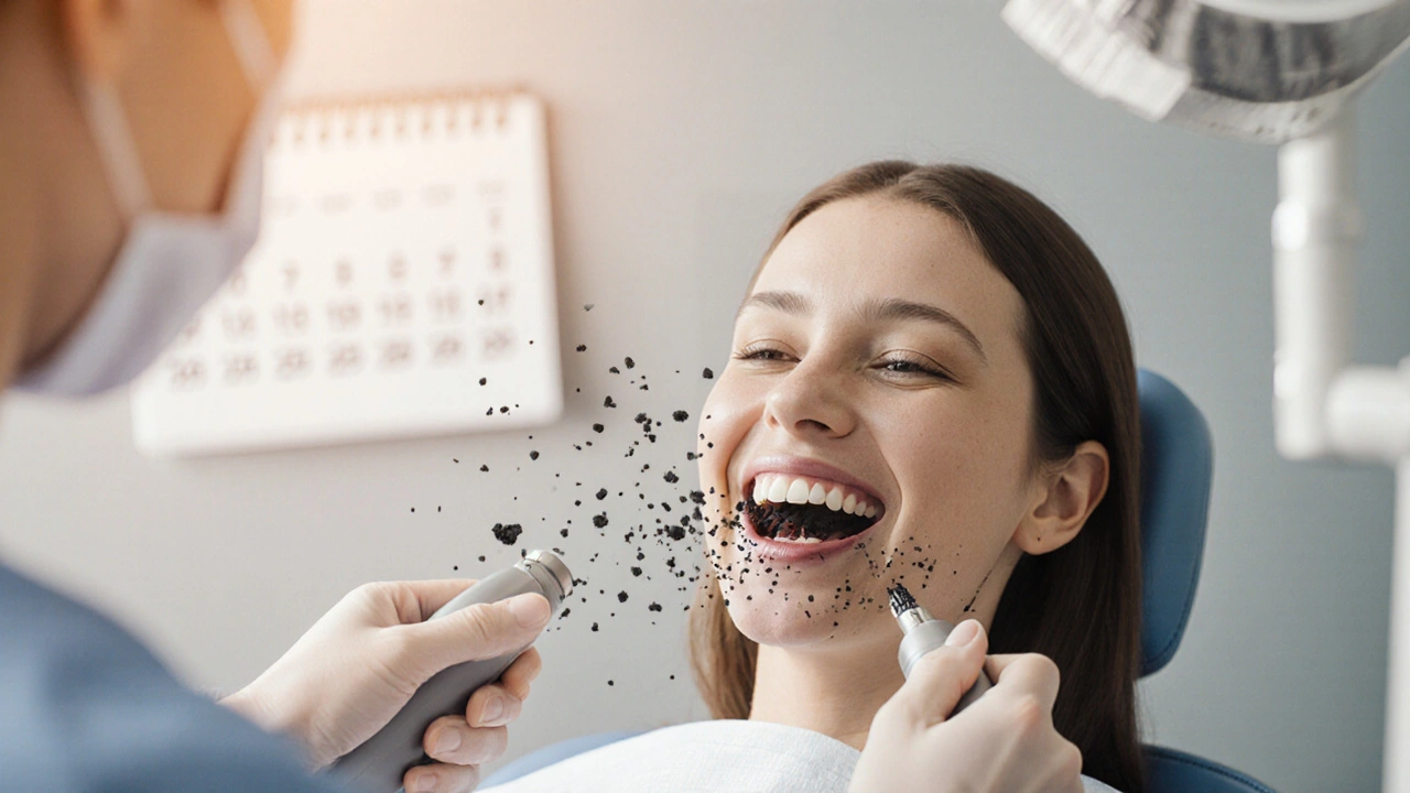 Zubní hygienik odstraňuje černý kámen ultrazvukovým přístrojem.