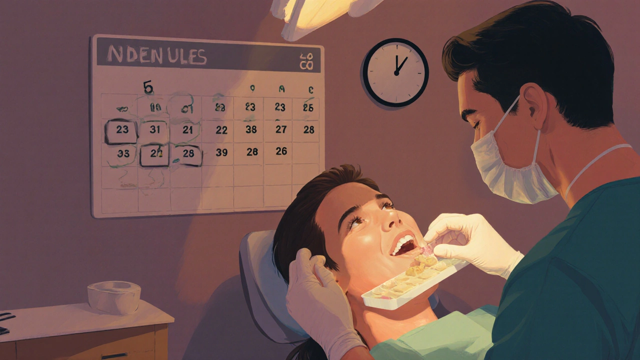 Zubní lékař bere otisky dásní pacientovi v klinice.