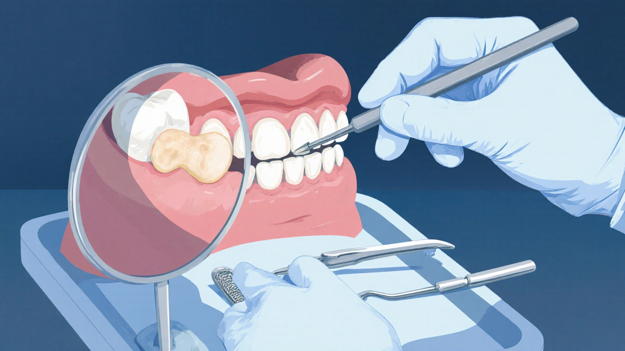 Zubní lékař měří hloubku mezery mezi zubem a dásní pomocí sondu.