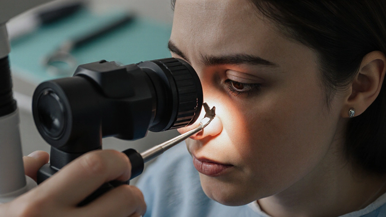 Zubní lékař prozkoumává prasklinu na zubu pomocí mikroskopu.