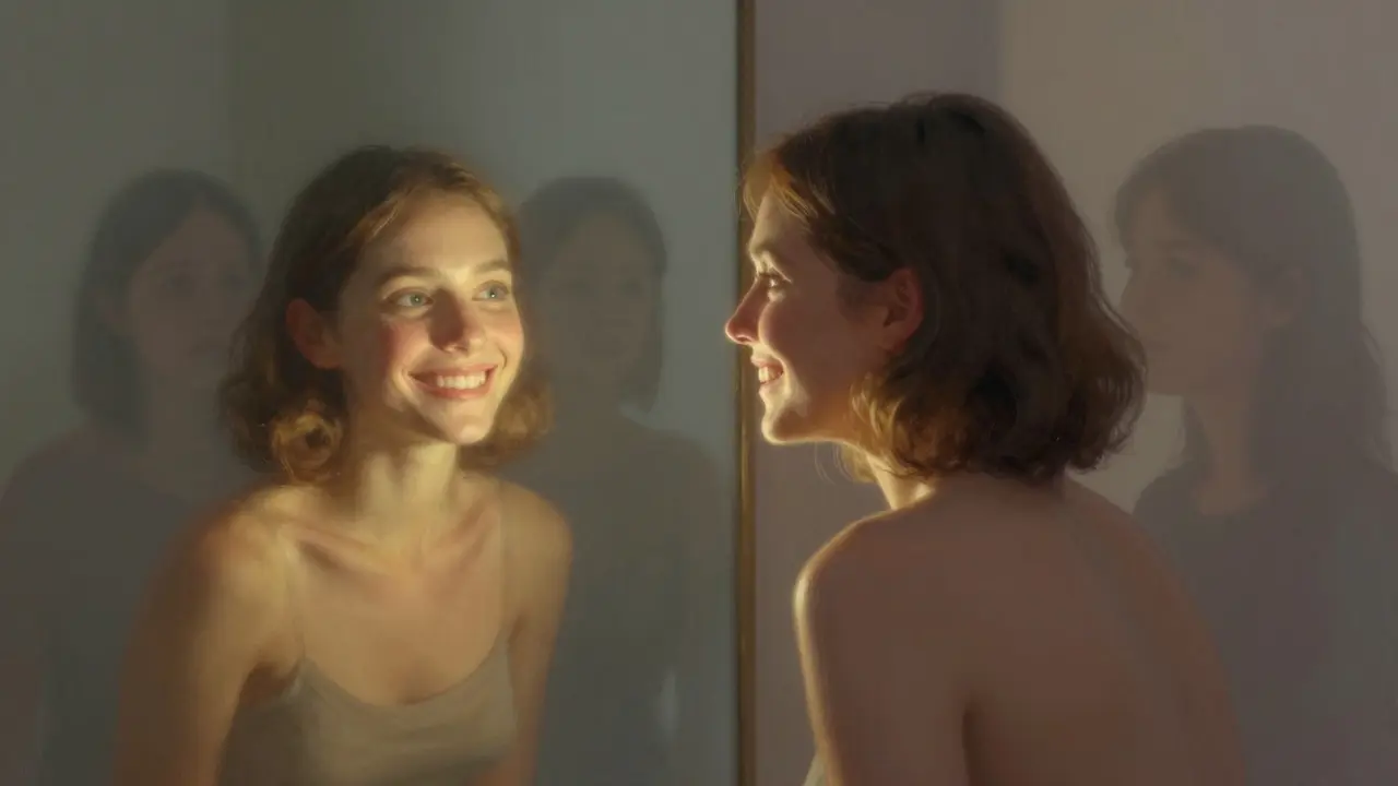 Člověk se dívá do zrcadla, kde jeho úsměv září zlatým světlem, zatímco minulé verze se rozplynou.