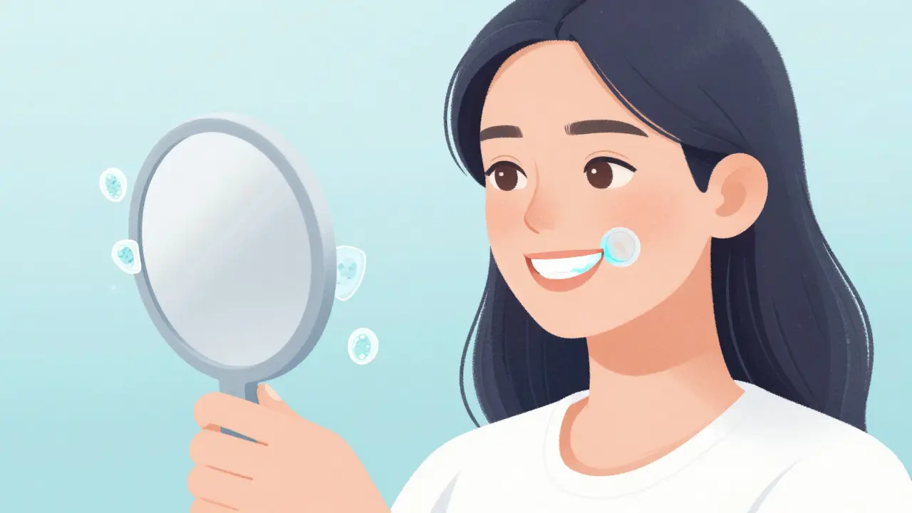 Člověk se širokým úsměvem, jeho zuby lehce září modrým světlem, symbolizujícím jemné bělení pro citlivé zuby.