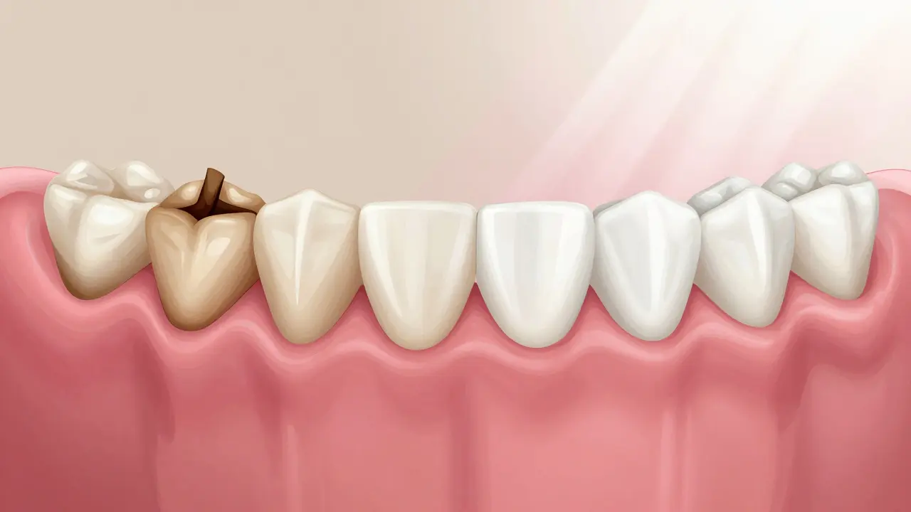 Contrast between stained, inflamed teeth and clean, healthy teeth after treatment.