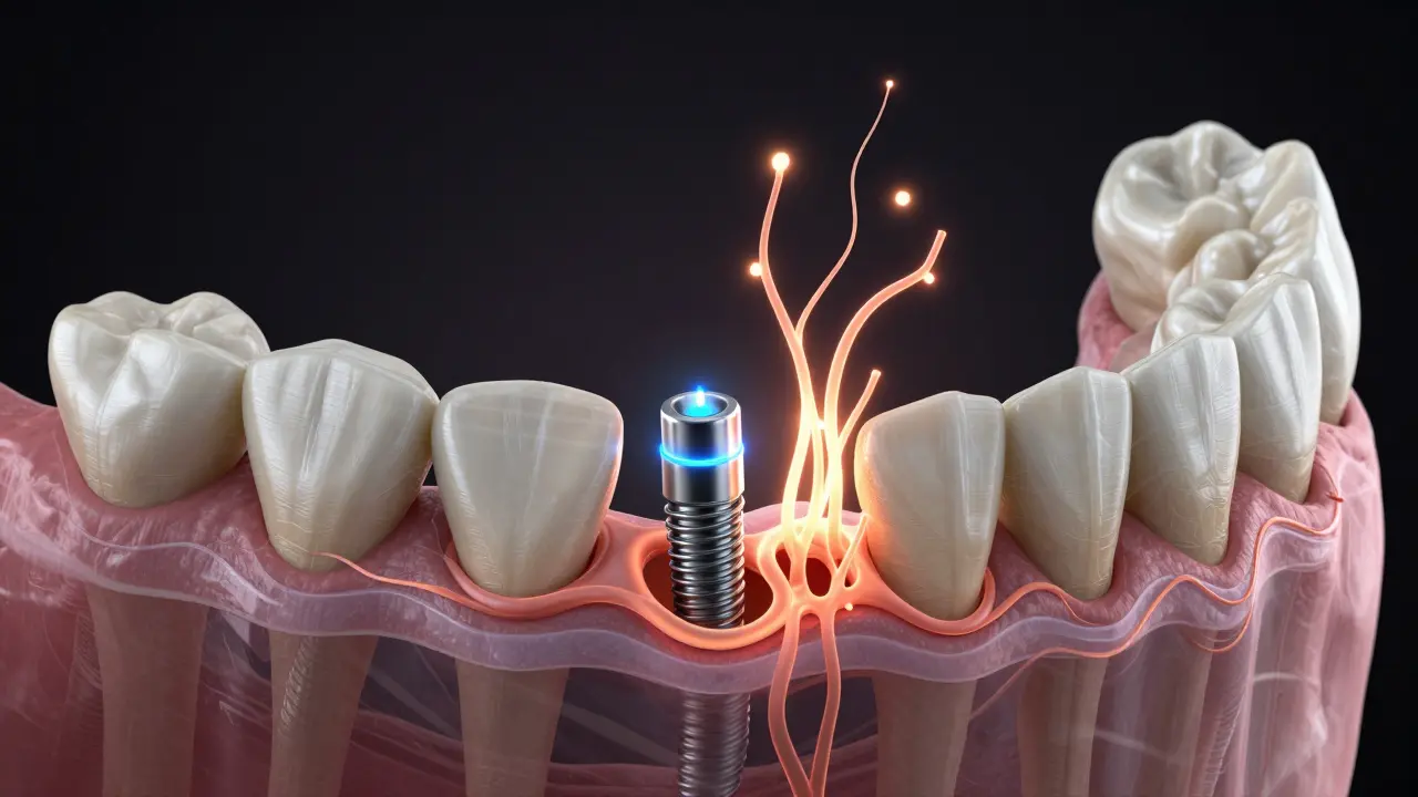 Cross-section of jawbone showing dental implant integrating with newly regenerating bone tissue.