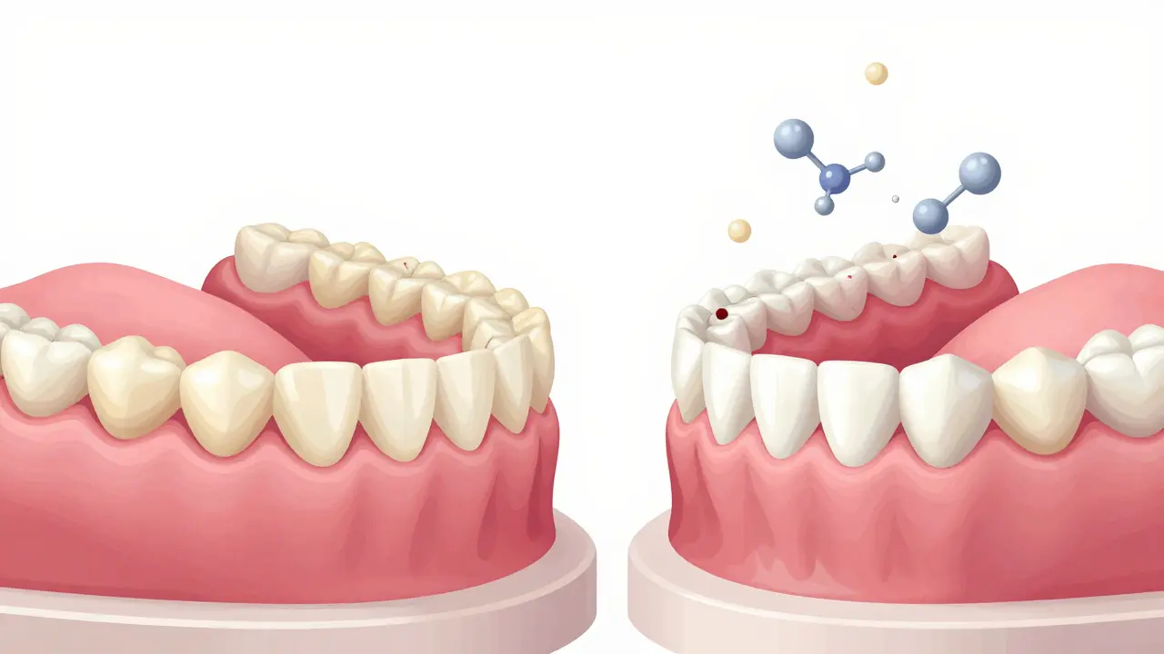 Dvě sady zubů: jedna tmavší s stopou gelu, druhá bělší, v klinickém zobrazení.