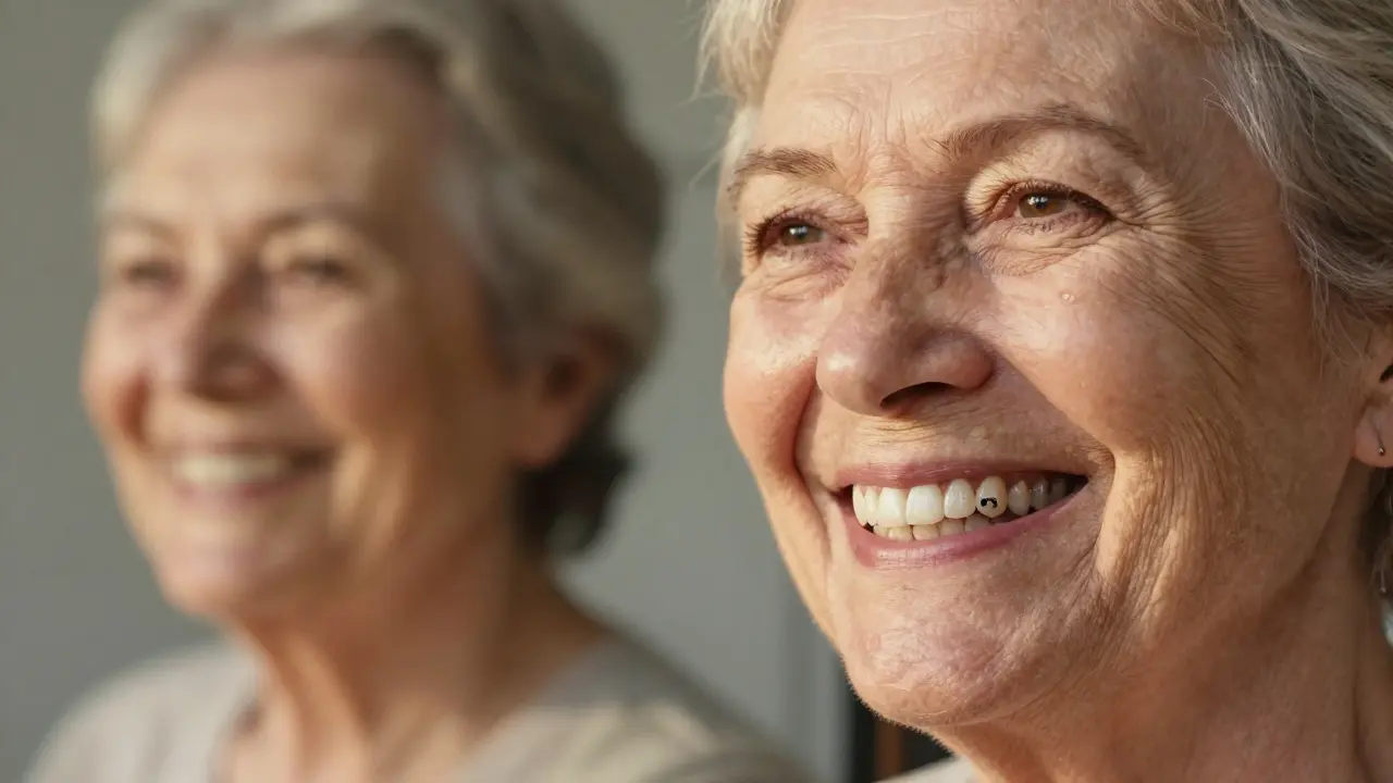 Elderly woman smiling with restored teeth, reflecting renewed confidence and well-being.