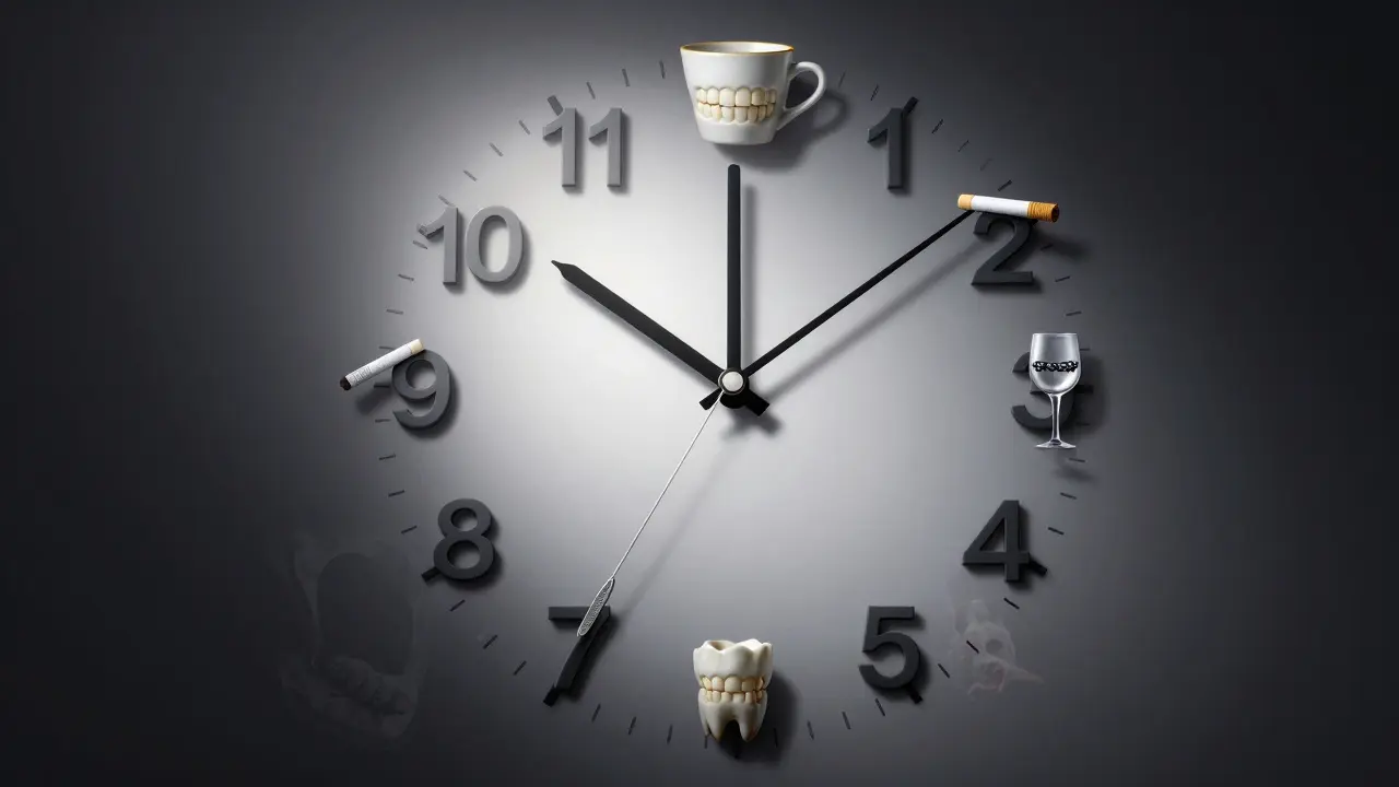 Hodiny s označením rizikových faktorů, kde ručičky ukazují na doporučený interval pískování zubů každých 6 měsíců.