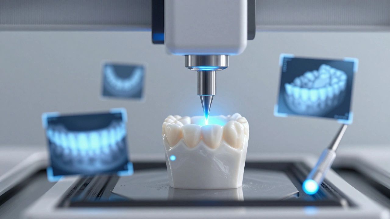 Keramická fazeta vyráběná CNC strojem z bloku porcelánu s digitálními skany.