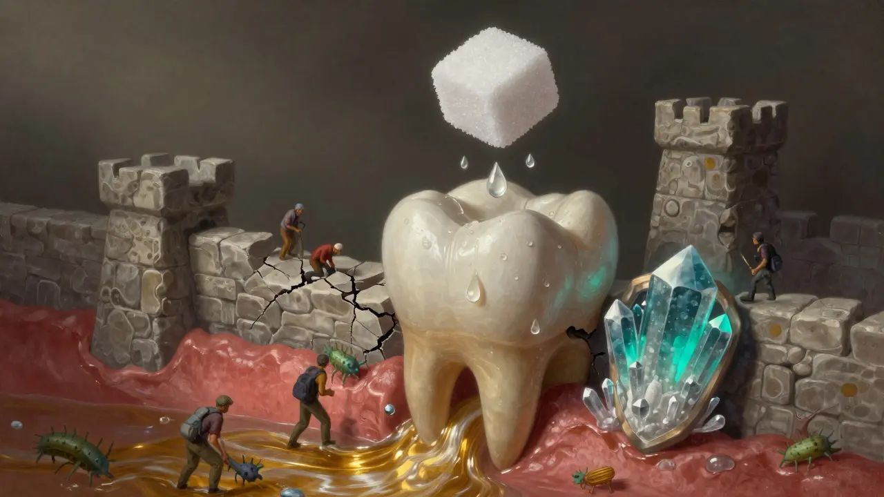 Koncepční obrázek zubu jako pevnosti ničené kyselinou z cukru, s ochrannou fluoridovou vrstvou