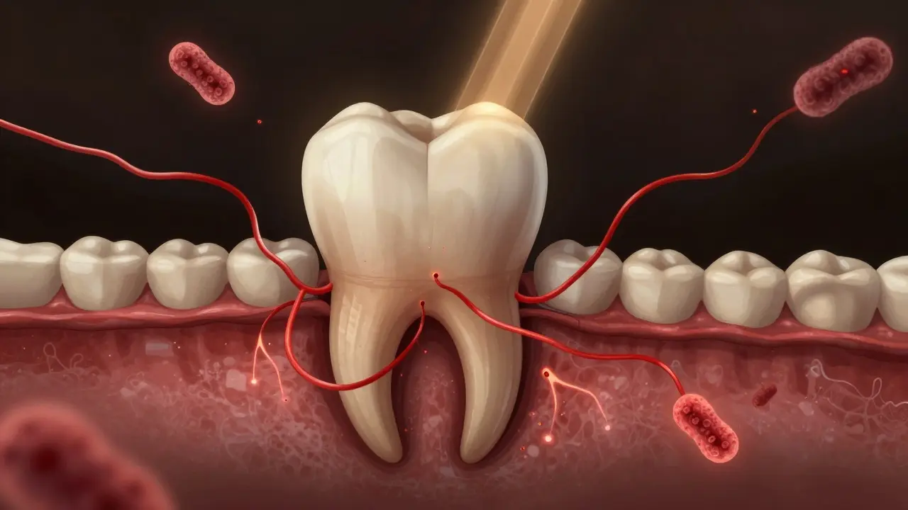 Koncepční znázornění zánětu v kořeni zubu šířícího se do kosti.