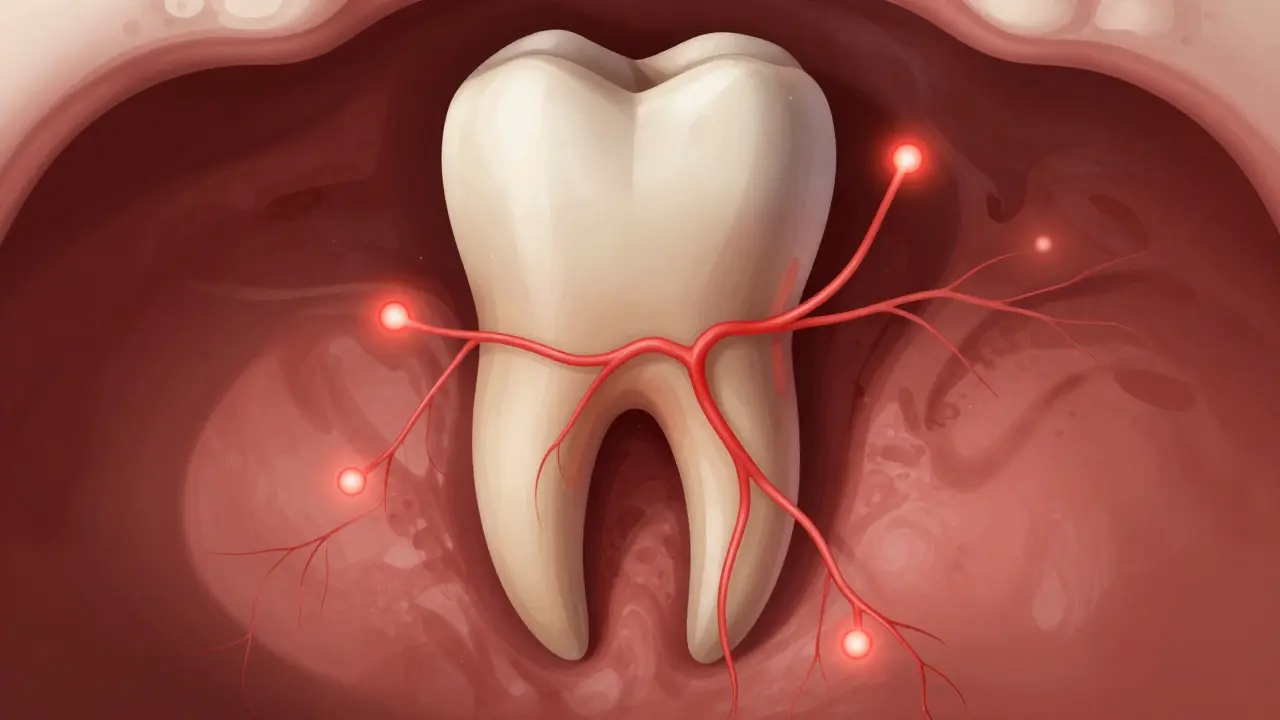Kořen zubu s červenými infekčními proudy šířícími se do čelisti.