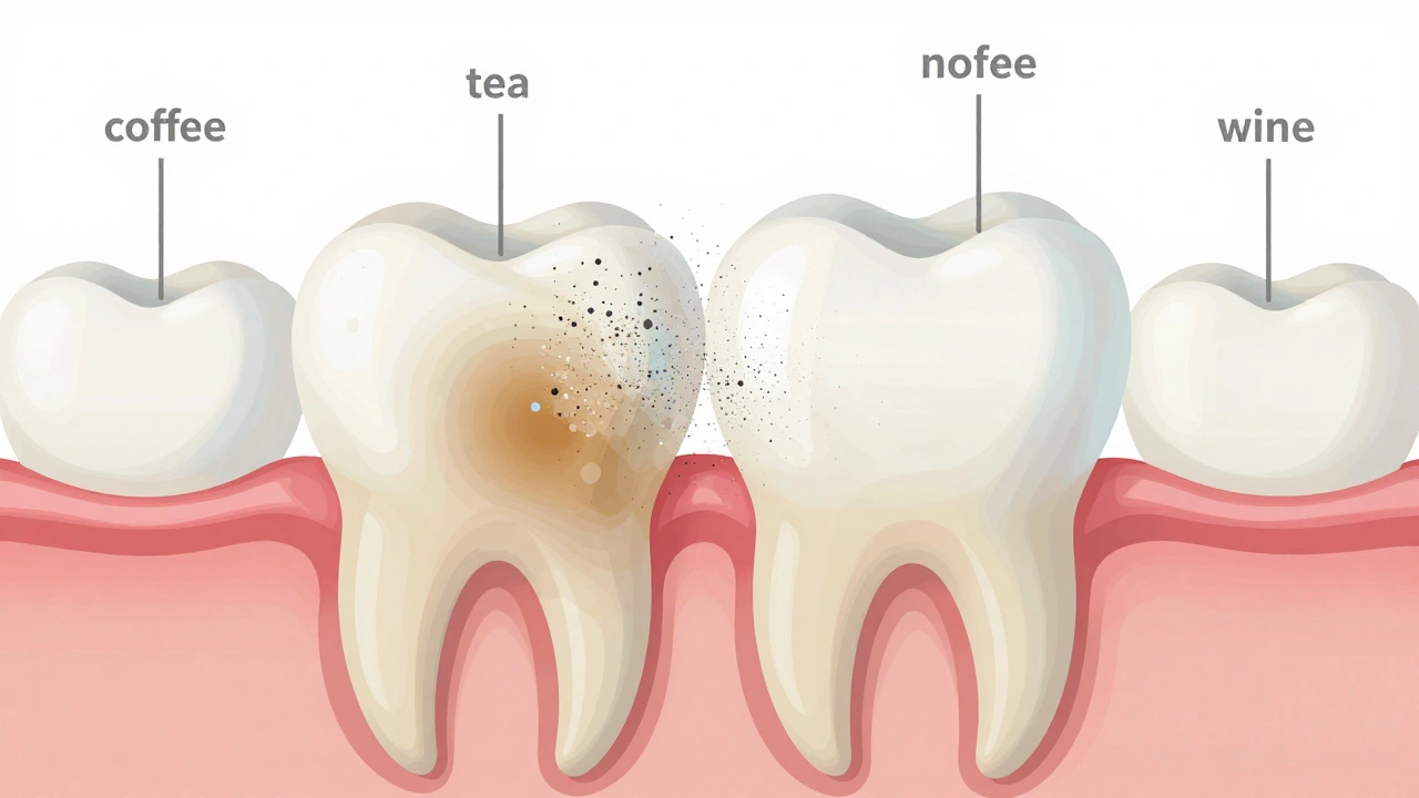 Křížový řez zubu s povrchovými skvrnami od kávy a čaje odstraňovanými abrazivními částicemi.