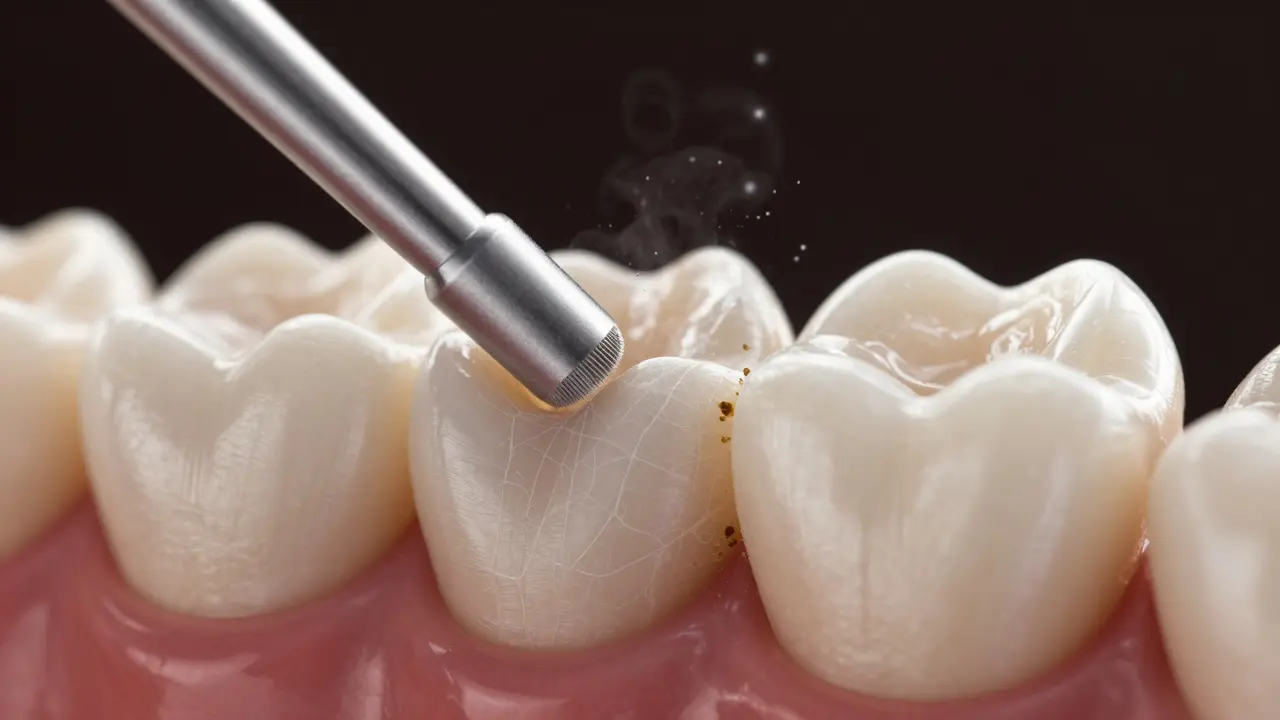 Magnified view of a tooth surface being cleaned by microscopic airborne particles.