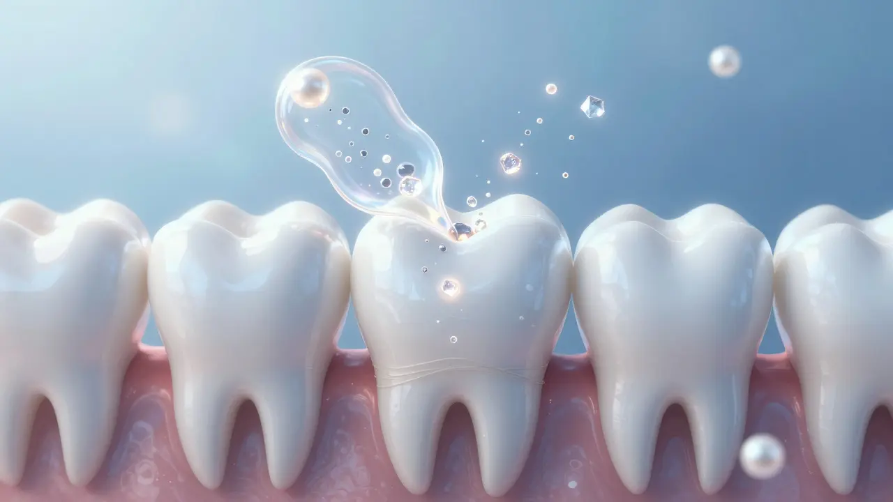 Minerální krystaly obnovují zubní sklovinu v průhledném gele.