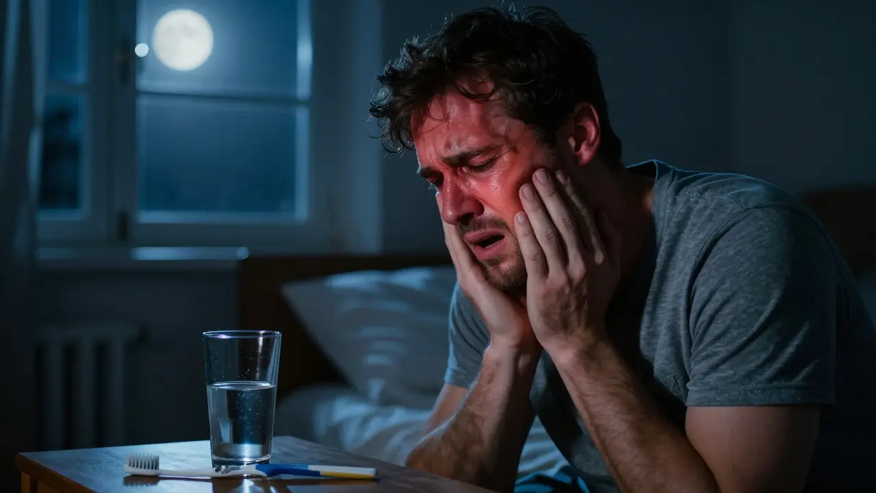 Muž drží opuchlou tvář v noci, viditelný otok a nouzová situace.