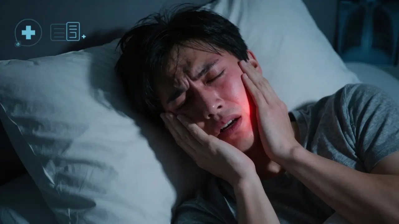 Muž sebou třesoucí se v noci s otokem obličeje z důvodu zánětu zubu.