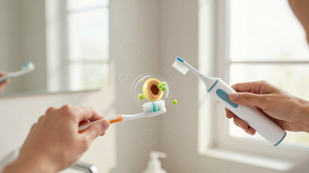 Osoba čistí zuby kartáčkem a ultrazvukovým čističem, s náznakem ničení plaku.