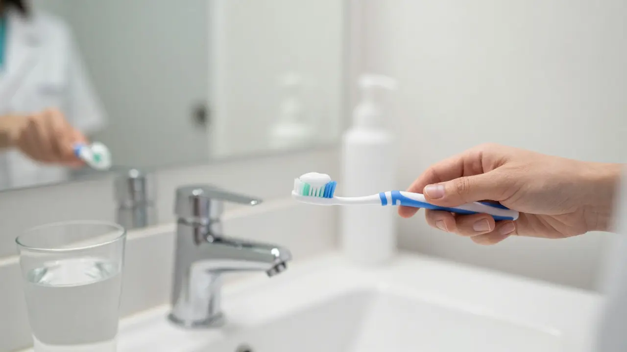 Osoba čistící si zuby jemným kartáčkem ve sprše s vodou a fluoridovou pastou