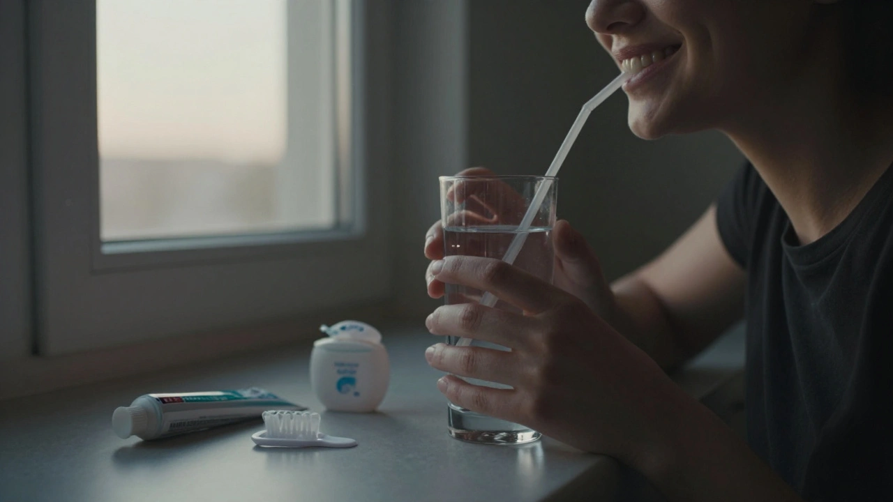 Osoba se usmívá, pije vodu ze slámky, vedle ní bělící gel a štětec po bělení.