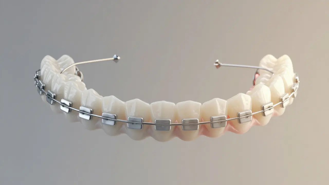 Porovnání kovových a keramických rovnátek vedle sebe, symbolizující estetický rozdíl v ortodontické léčbě.