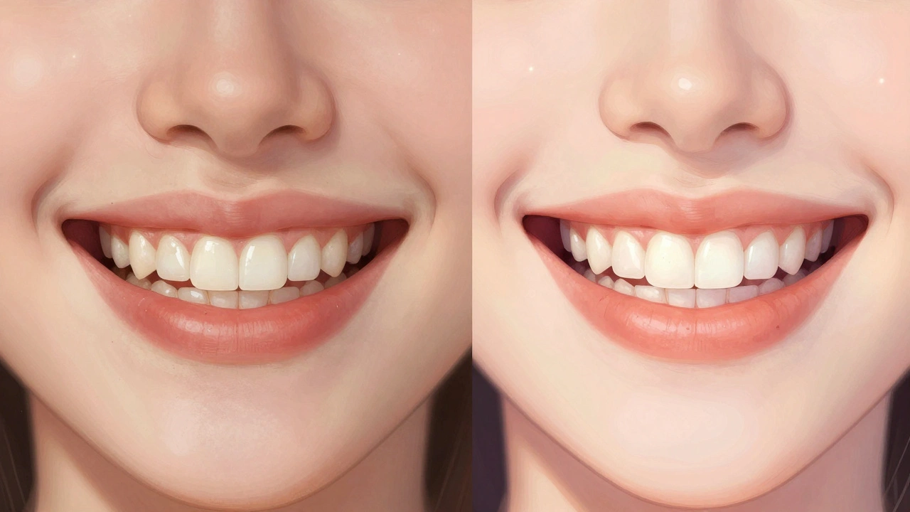 Porovnání úsměvu před a po instalaci fazet na zubech.