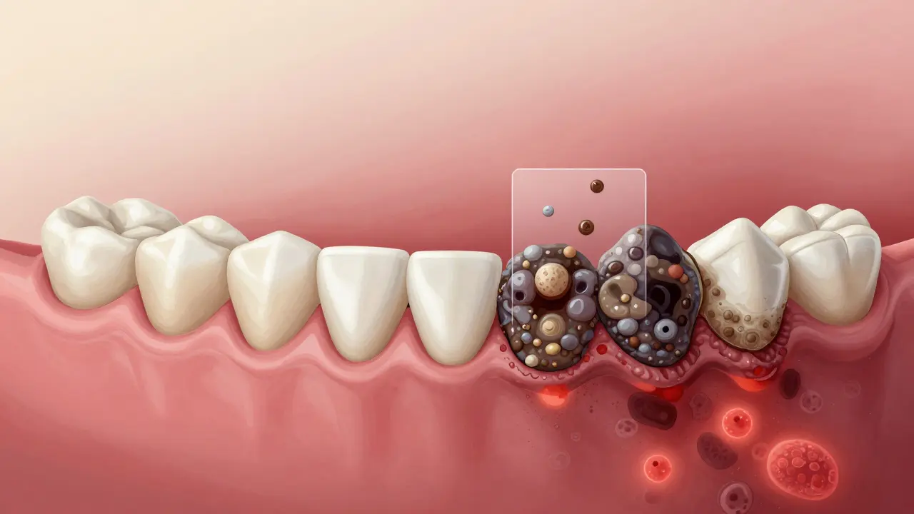 Porovnání zdravých zubů a zubů pokrytých tvrdým zubním kamenem s viditelným zánětem dásní.