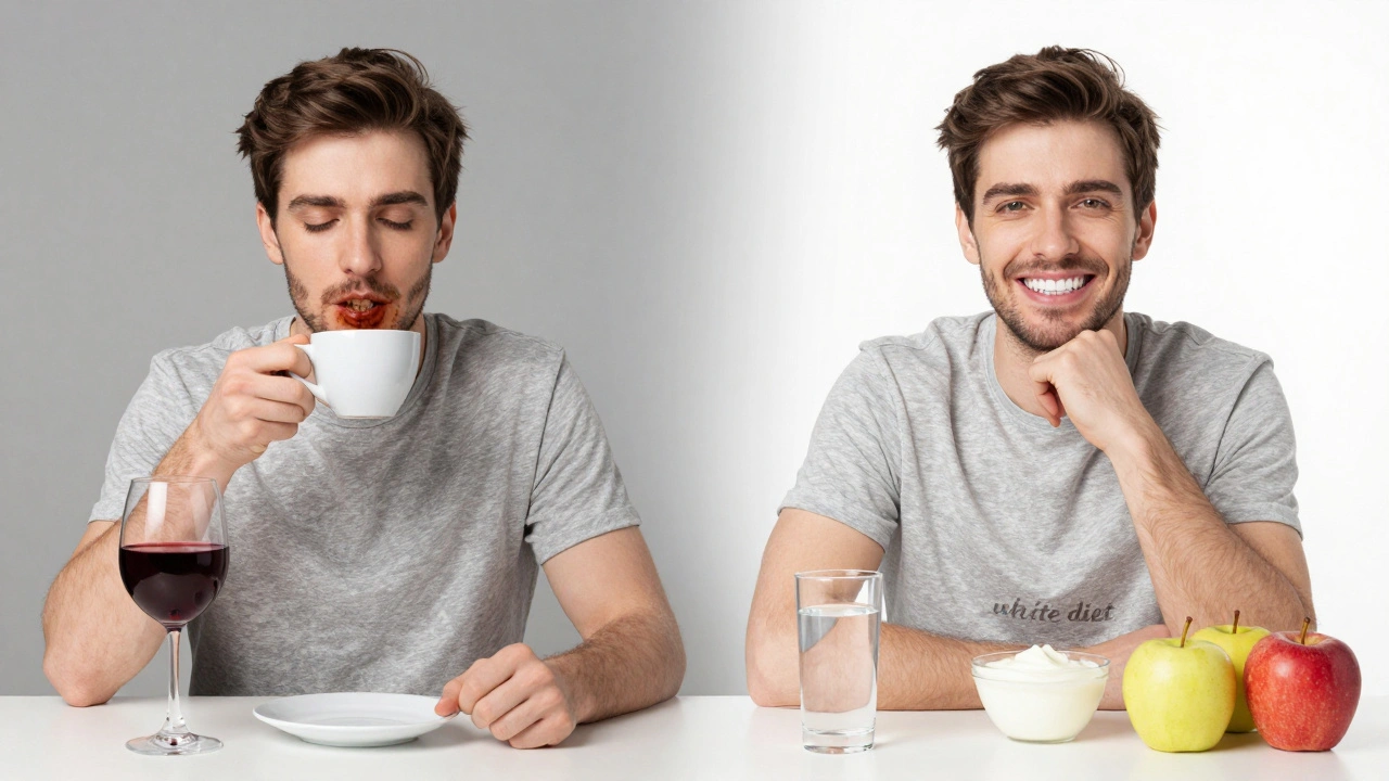 Porovnání: zuby po konzumaci barviv vs. po profesionálním bělení s jídlem pro bílou dietu.