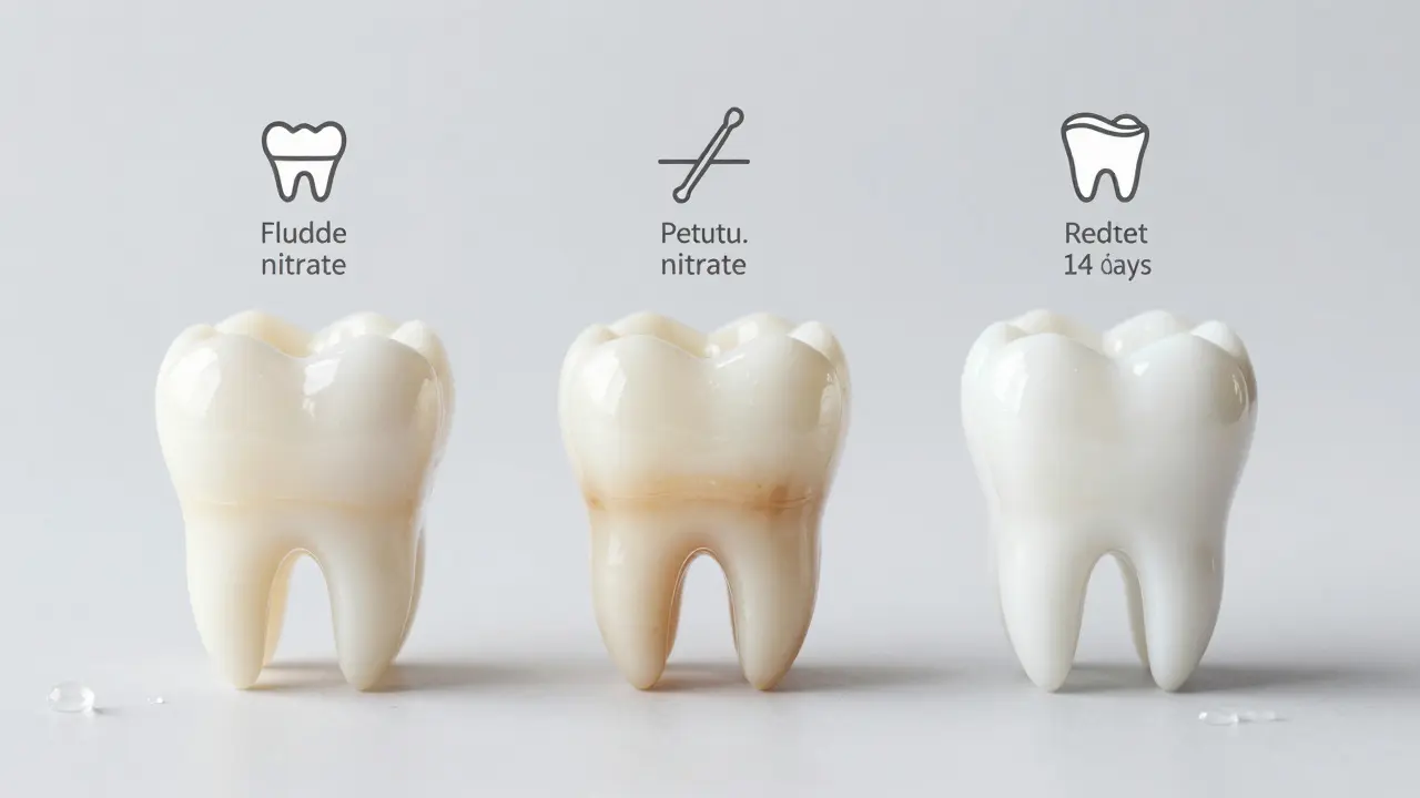Postupné osvětlení zubu během 14 dní s malými ikonami fluoridu a gelu, znázorňující bezbolestné bělení.