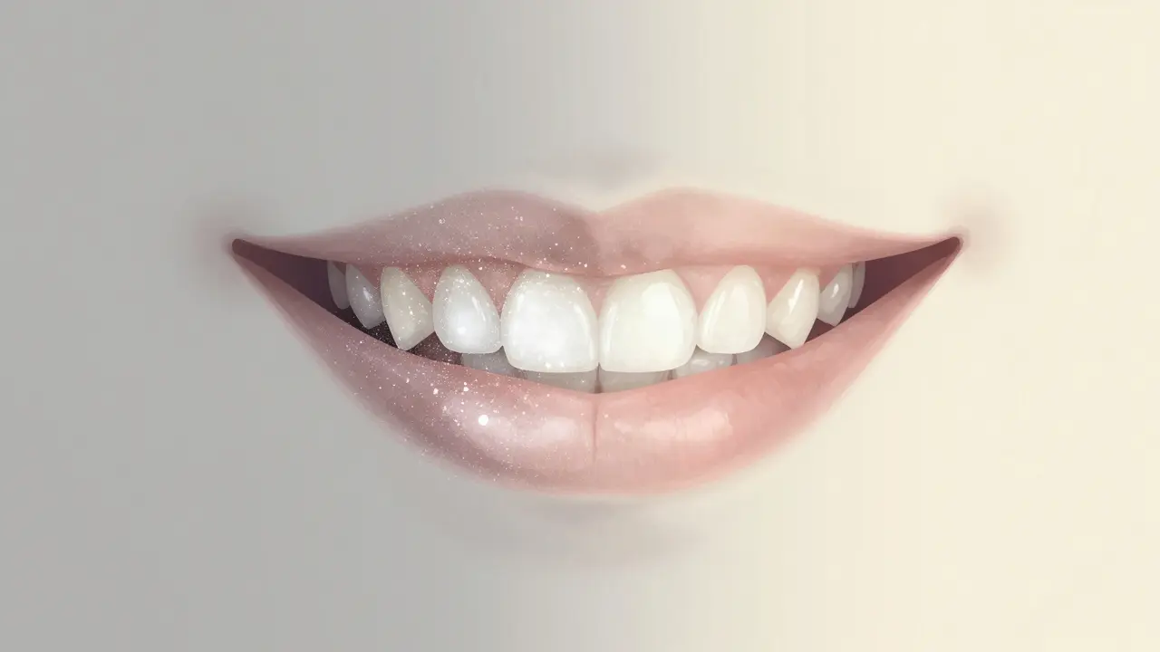 Postupné zánikání bílých fleků na zubech od levé k pravé straně.