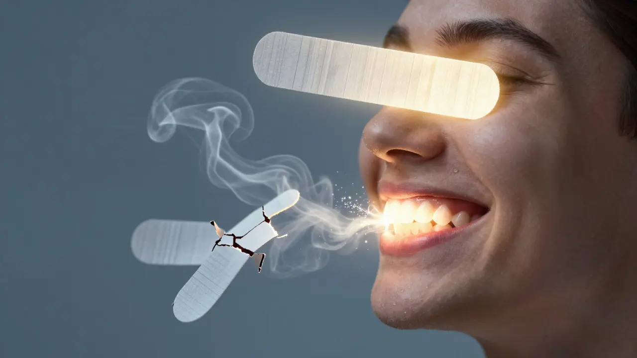 Přeměna úsměvu od tlumeného k jasnému s symbolickým rozpadem levných pásek.