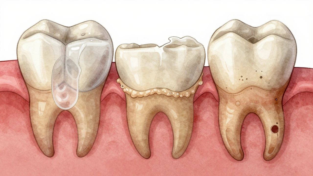 Přeměna zubního plaku na zubní kámen a odštěpování dásní.