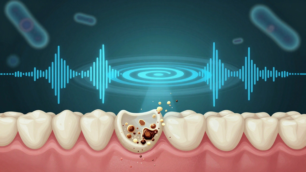 Průřez úst s ultrazvukovými vlnami rozkládajícími zubní kámen pod dásněmi.